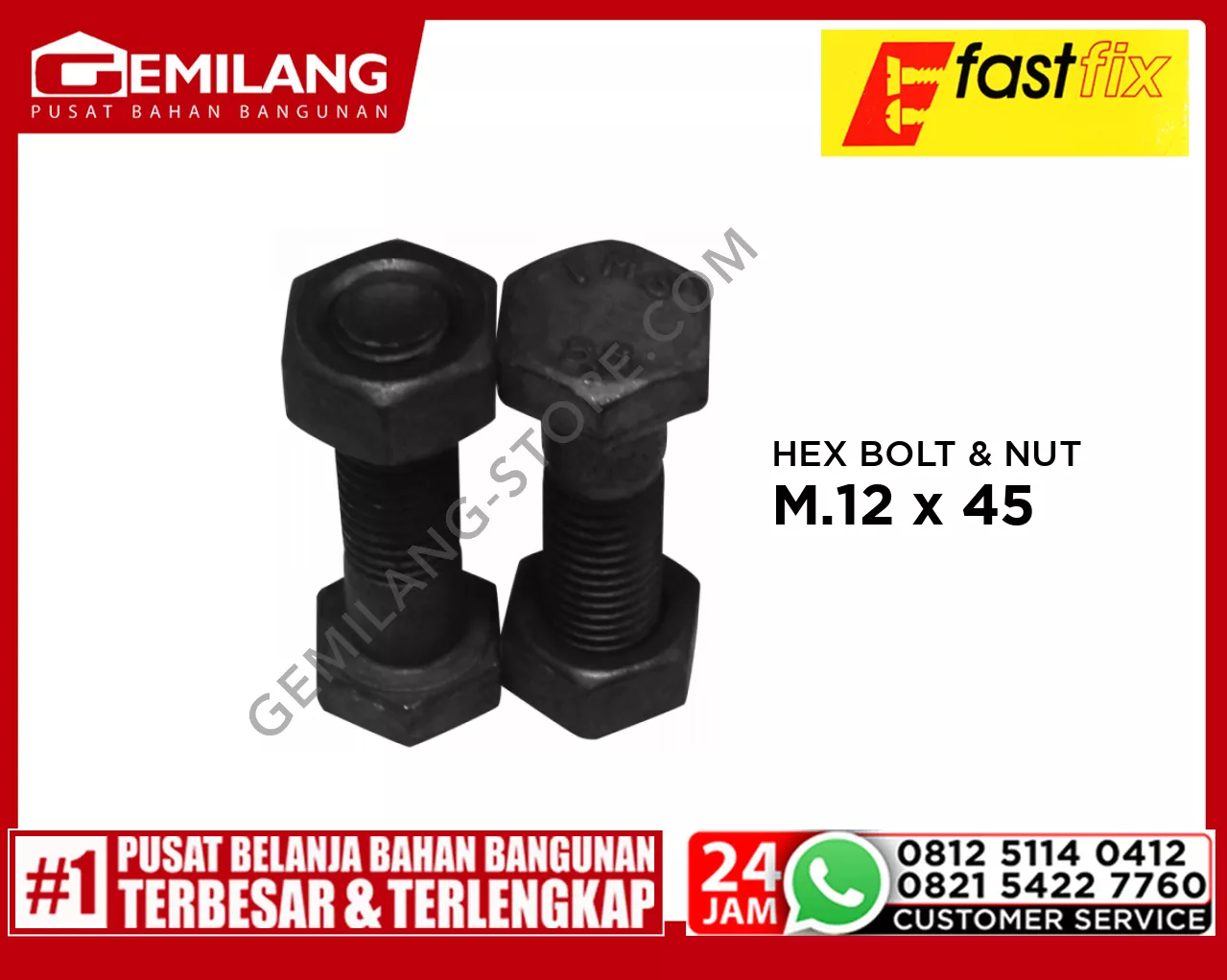 FAST FIX HEX BOLT & NUT 8.8 M.12 x 45 P1.75 2pc/PAK (M)