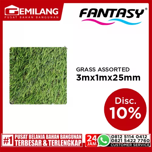 FANTASY ARTIFICIAL NATURAL GREEN GRASS ASSORTED  3m x 1m x 25mm