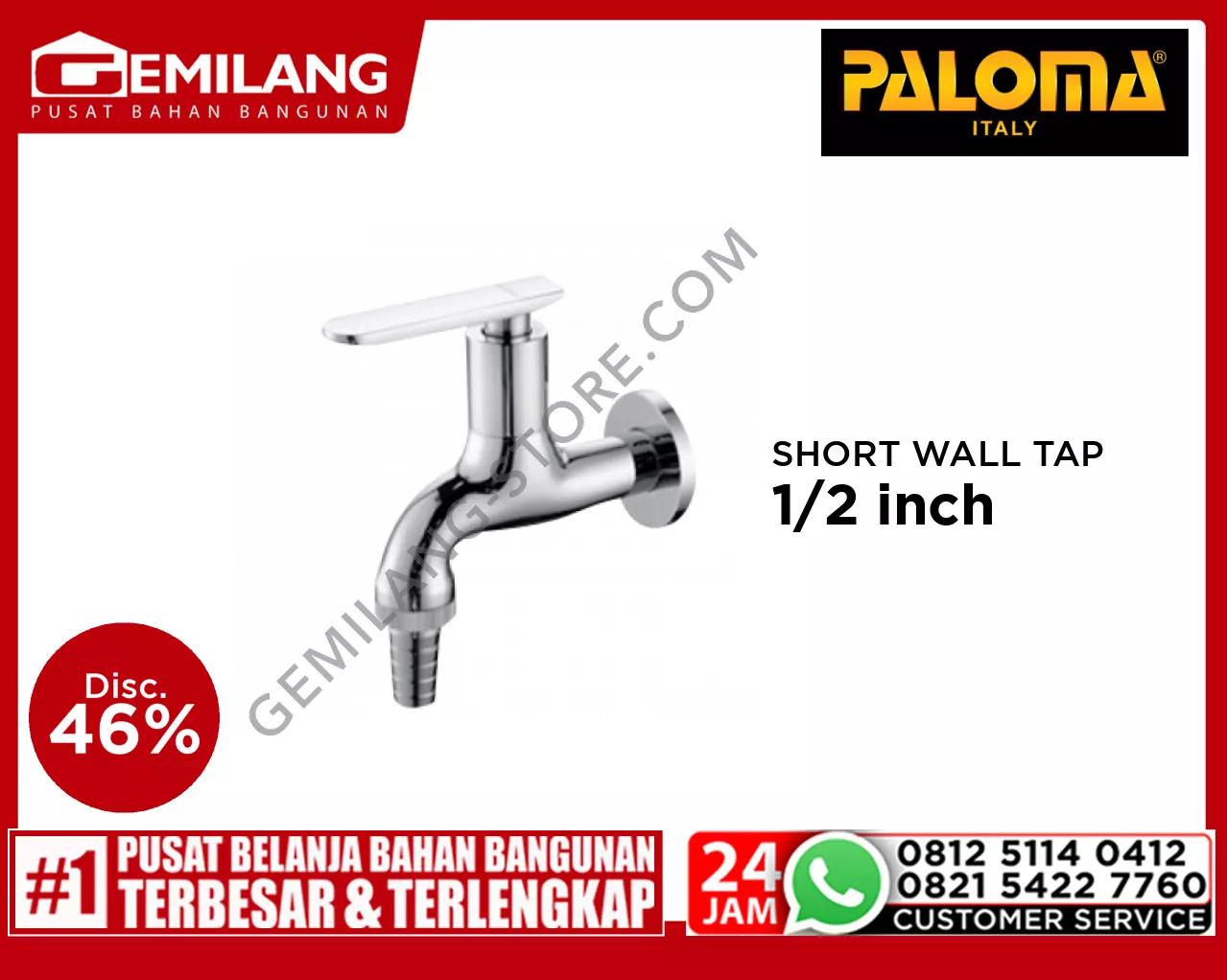 PALOMA BRISTOL SHORT WALL TAP WITH HOSE COUPLING AND SCREW COLLAR CHROME 1/2inch FCP 1673