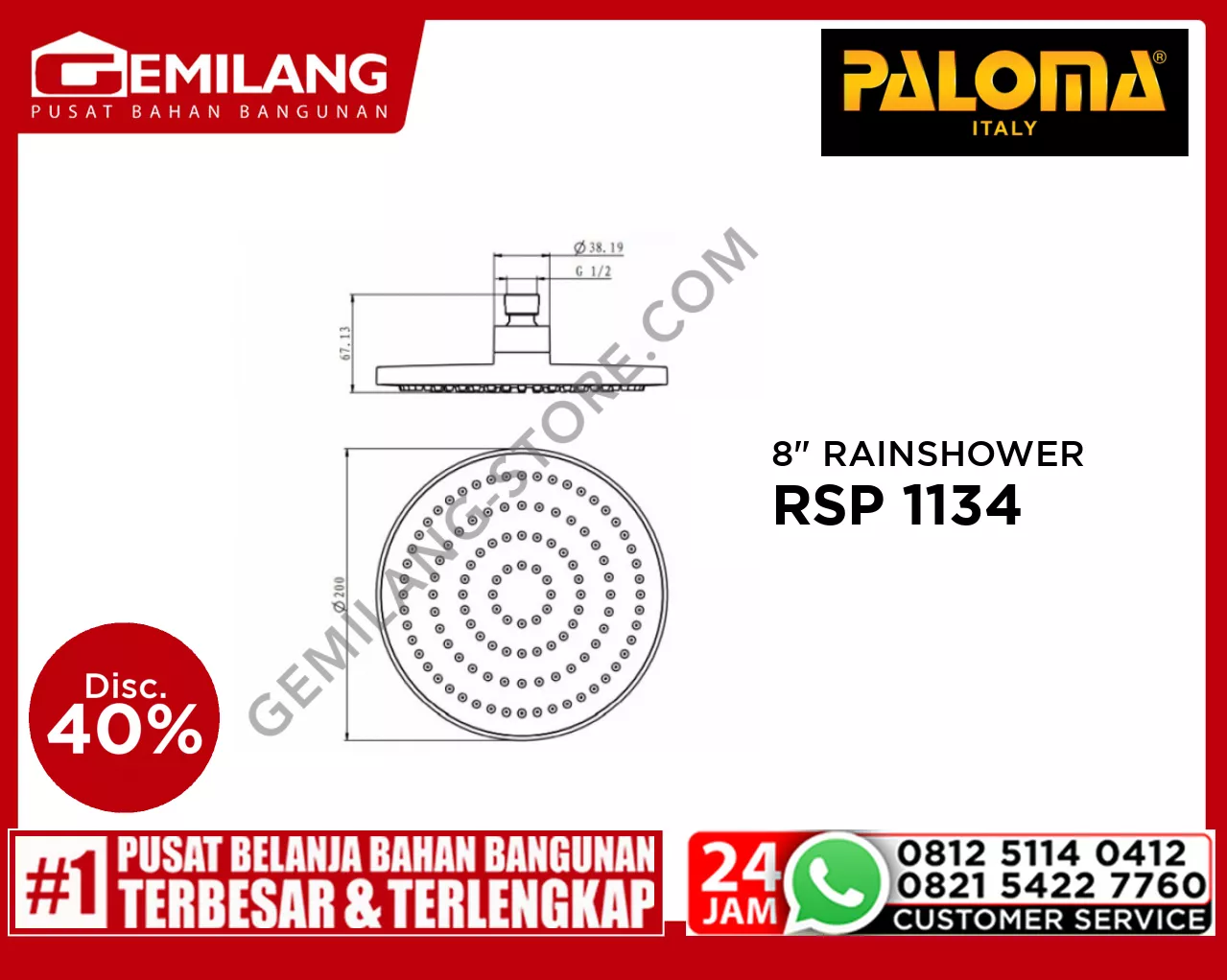 PALOMA 8inch RAINSHOWER AIR-INJECTION ROUND CHROME RSP 1134