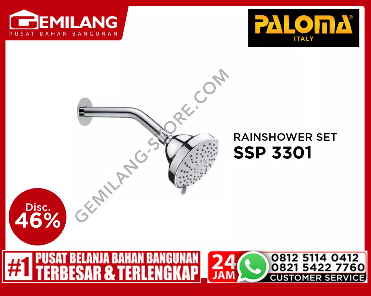 PALOMA 4inch RAINSHOWER SET WITH ARM 3-JETS ROUND WALL-MOUNTED CHROME SSP 3301