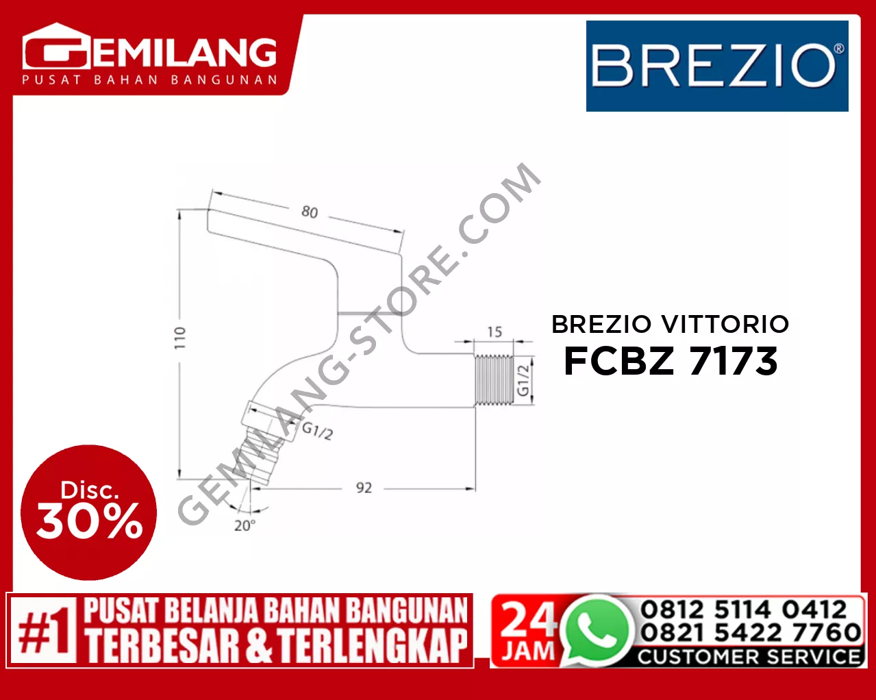 BREZIO VITTORIO SHORT WALL TAP WITH HOSE COUPLING AND SCREW COLLAR CHROME 1/2inch FCBZ 7173