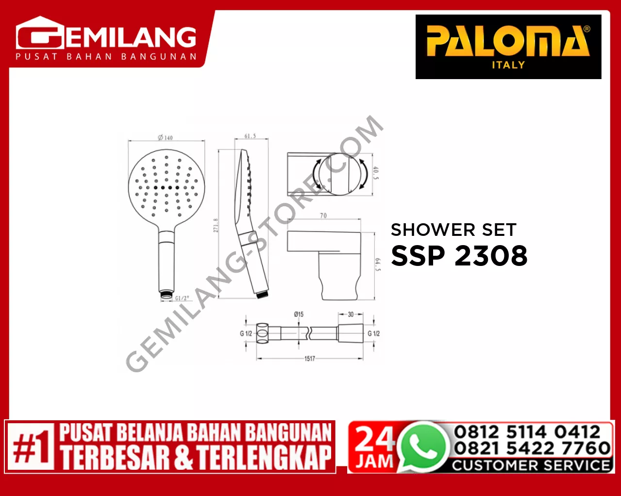 PALOMA SHOWER SET W/HOLDER 3 JETS PRO-SWITCH SSP 2308