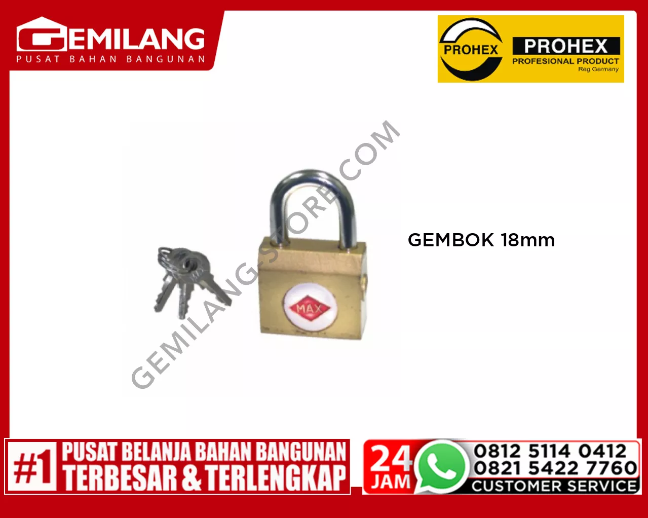 PROHEX GEMBOK KUNCI SAMPING GOLD MAX 18mm (1172-001)