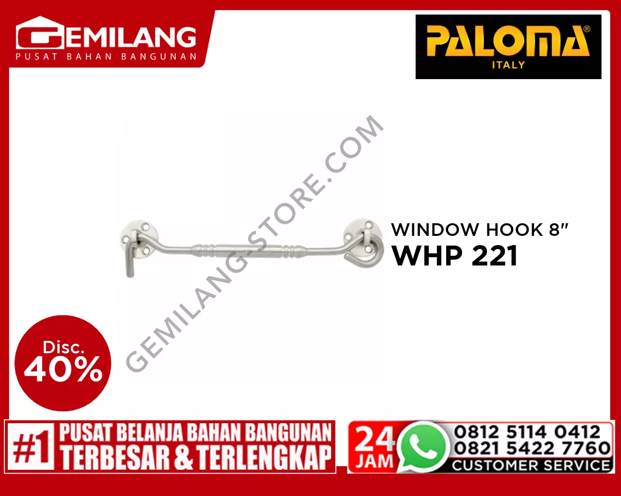 PALOMA WINDOW HOOK STAINLESS STEEL PALOMA 203 8inch BL SSS WHP 221