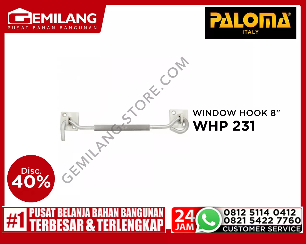 PALOMA WINDOW HOOK STAINLESS STEEL PALOMA 204 8inch SG4 SSS WHP 231