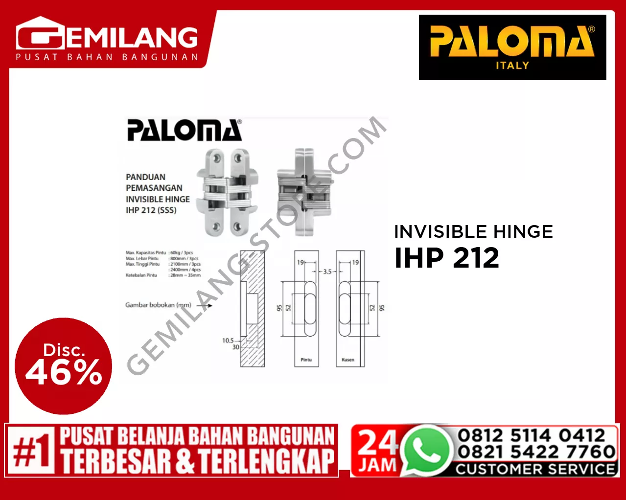 PALOMA INVISIBLE HINGE P50 - SSS IHP 212