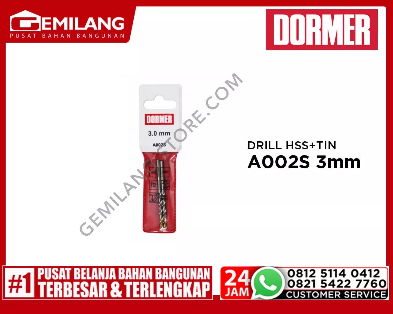 DORMER DRILL (POUCH) HSS + TIN A002S 3mm