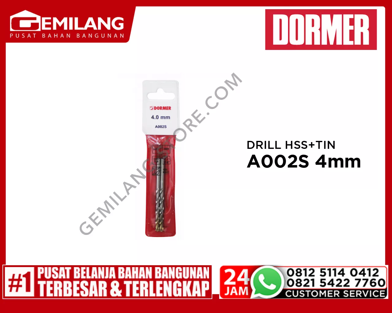 DORMER DRILL (POUCH) HSS + TIN A002S 4mm