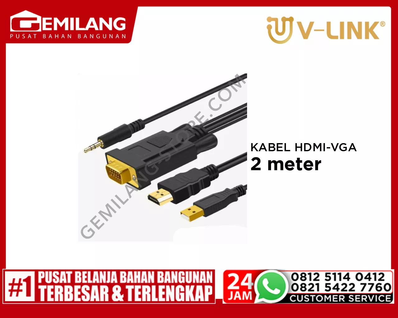 V-LINK KABEL HDMI TO VGA WITH AUDIO & POWER VEGGIEG 2mtr