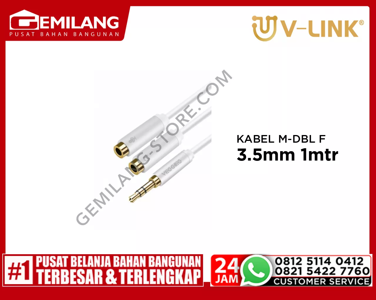 V-LINK KABEL MALE TO DOUBLE FEMALE VEGGIEG 3.5mm AH2-W 1mtr