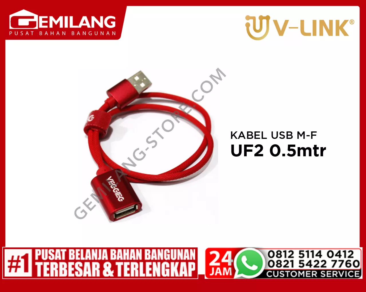 V-LINK KABEL USB MALE TO FEMALE VEGGIEG UF2 0.5mtr