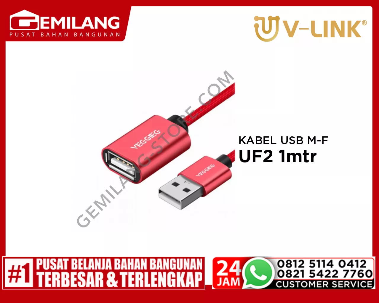 V-LINK KABEL USB MALE TO FEMALE VEGGIEG UF2 1mtr
