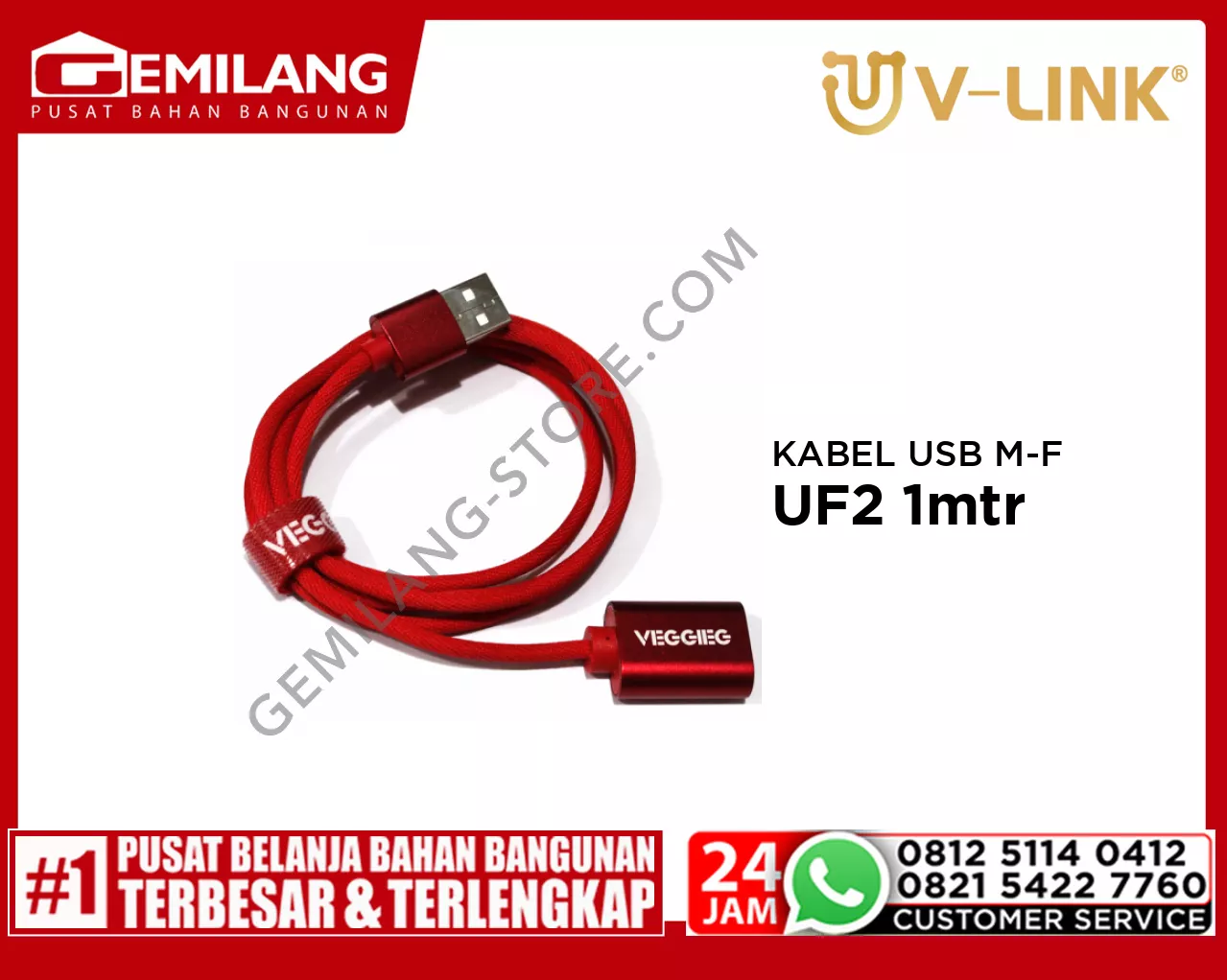 V-LINK KABEL USB MALE TO FEMALE VEGGIEG UF2 1mtr