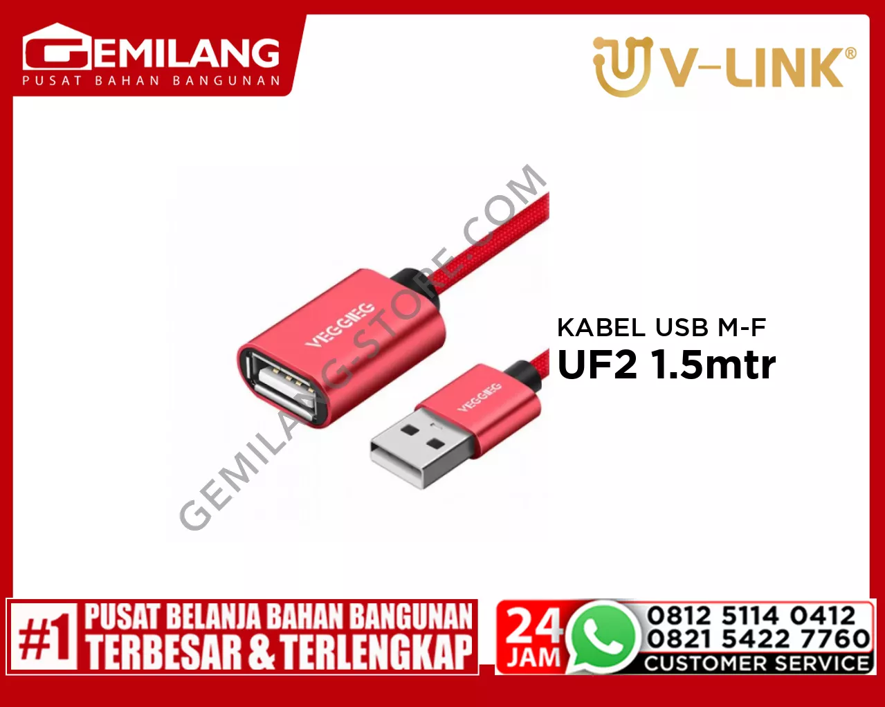 V-LINK KABEL USB MALE TO FEMALE VEGGIEG UF2 1.5mtr