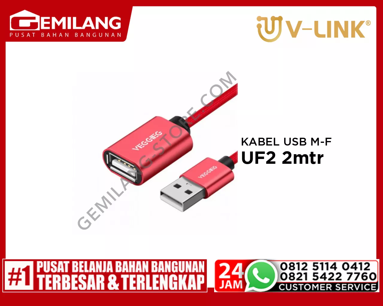 V-LINK KABEL USB MALE TO FEMALE VEGGIEG UF2 2mtr