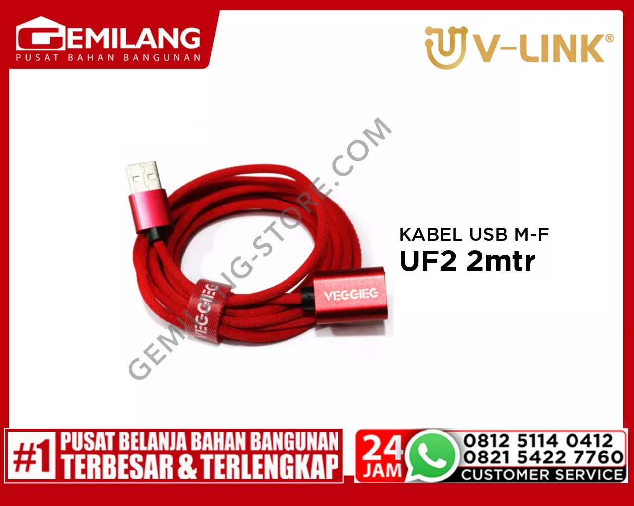 V-LINK KABEL USB MALE TO FEMALE VEGGIEG UF2 2mtr
