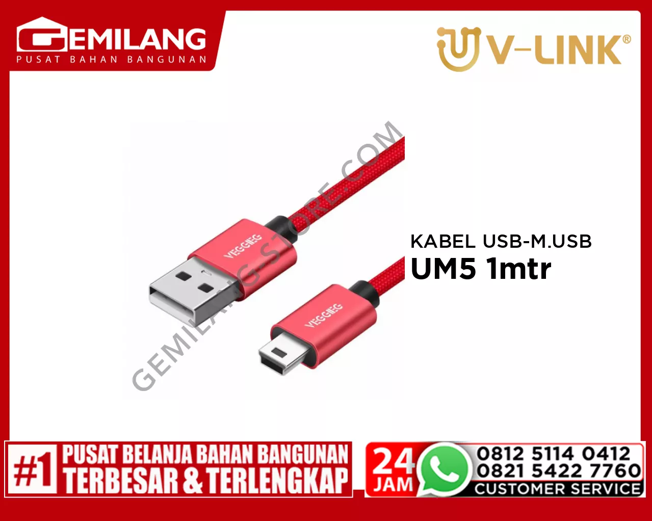 V-LINK KABEL USB TO MINI USB 5 PIN RED VEGGIEG UM5 1mtr
