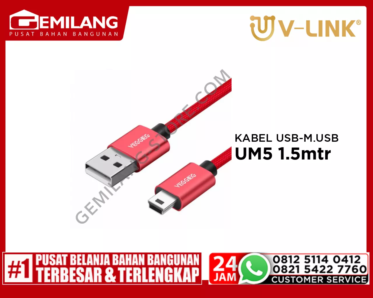 V-LINK KABEL USB TO MINI USB 5 PIN RED VEGGIEG UM5 1.5mtr