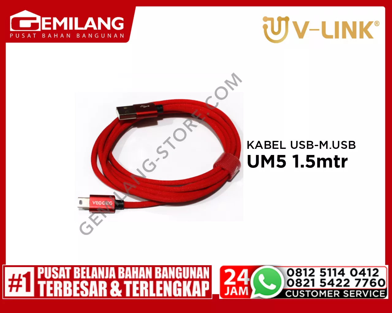 V-LINK KABEL USB TO MINI USB 5 PIN RED VEGGIEG UM5 1.5mtr