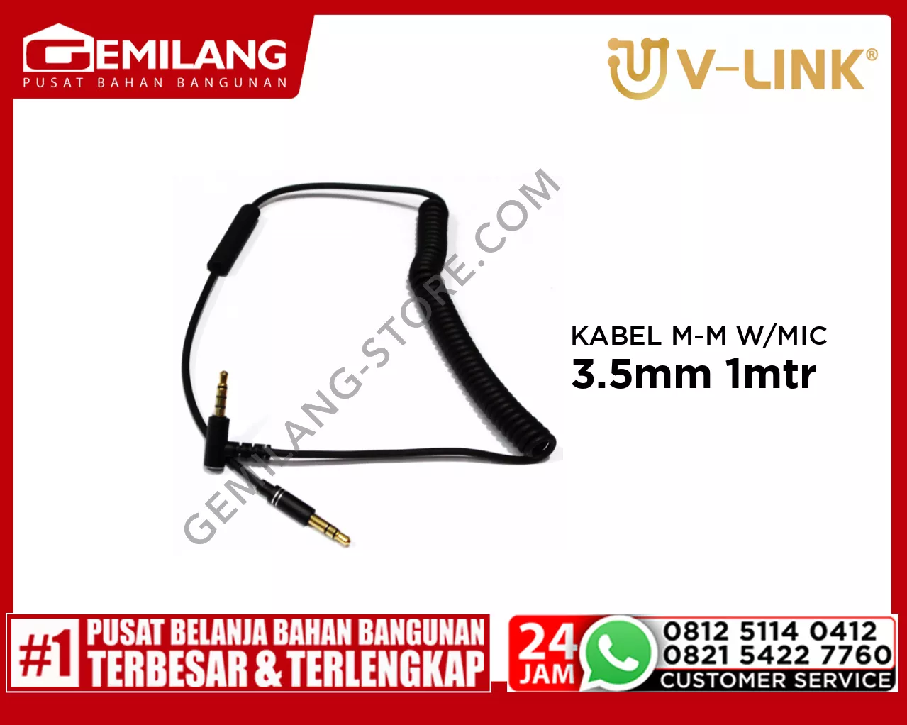 V-LINK KABEL MALE LURUS TO MALE TEKUK BLACK WITH MIC AWS 3.5mm 1mtr