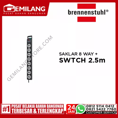 BRENNENSTUHL SAKLAR BLACK/GREY 8 WAY + SWITCH 2.5mtr STKA158