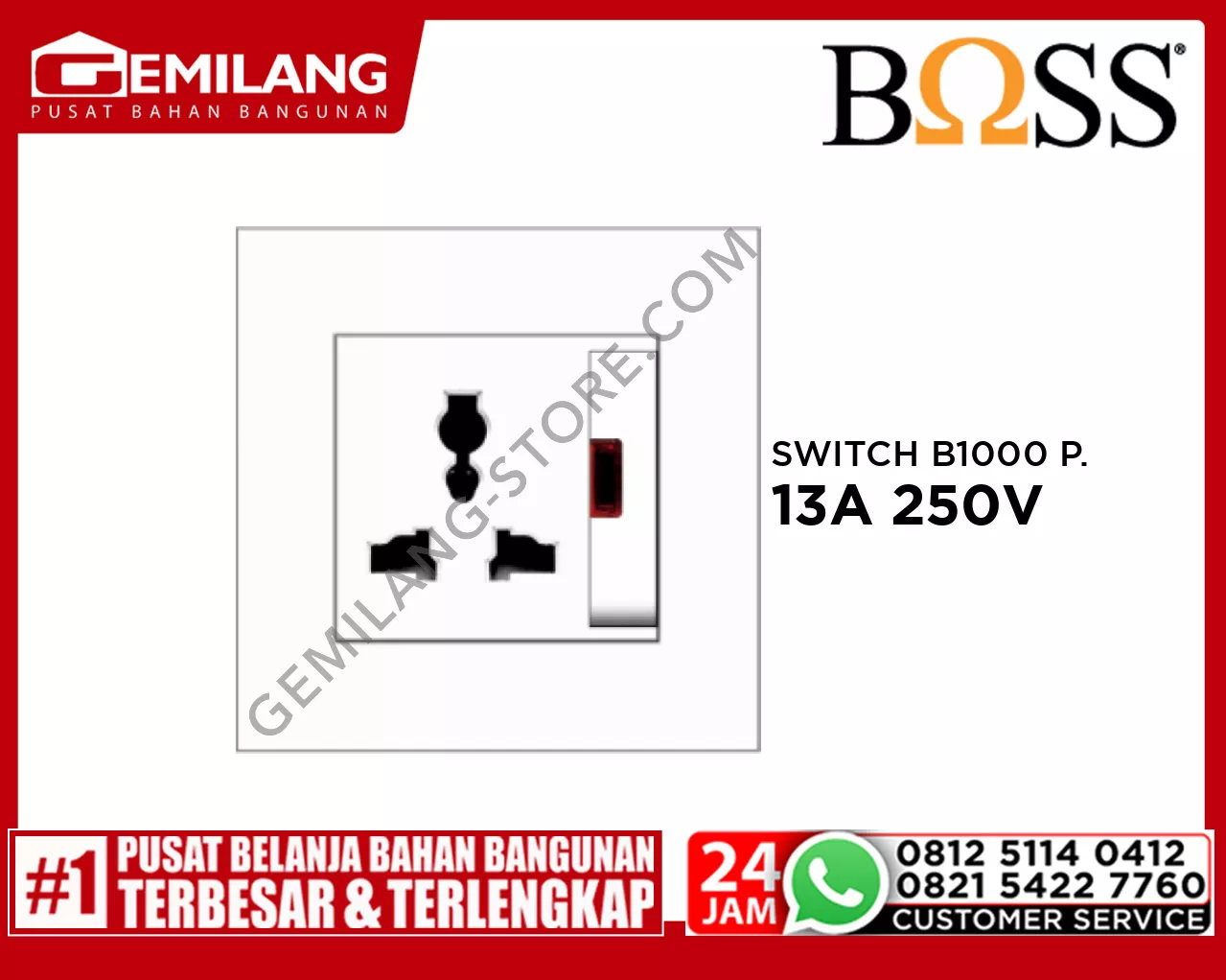 BOSS SWITCH B1000 PURO UNI.SOCKET OUTLET W/NEON & SAFETY 13A 250V B10113LSN