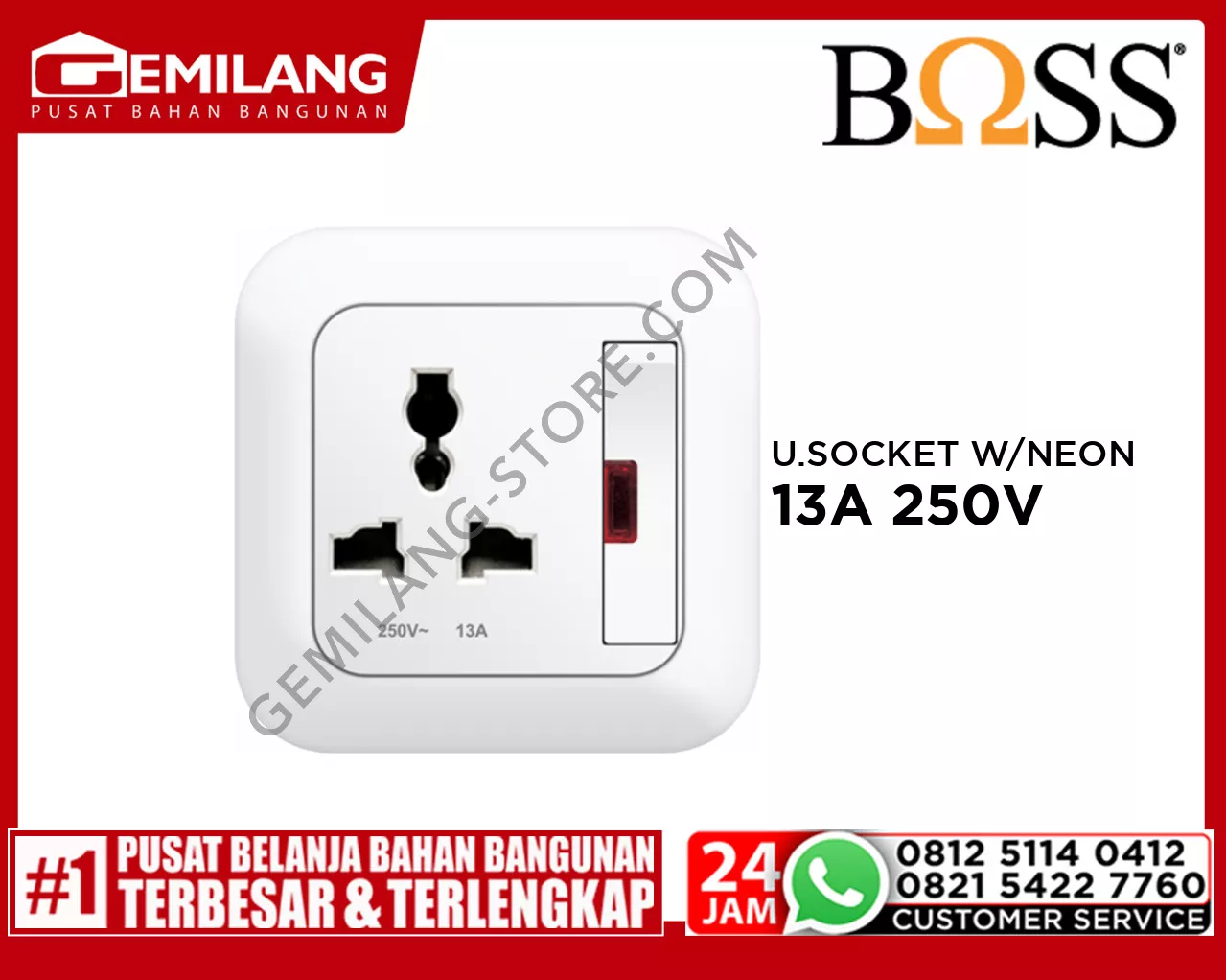 BOSS UNIVERSAL SOCKET OUTLET WITH NEON & SAFETY SHUTTER B80 13A 250V B8113LSN