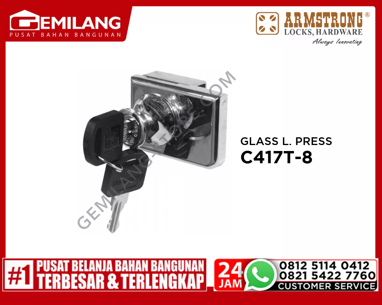 ARMSTRONG GLASS LOCK PRESS C417T-8 DOUBLE RECTANGLE 8mm CH ZINC ALLOY
