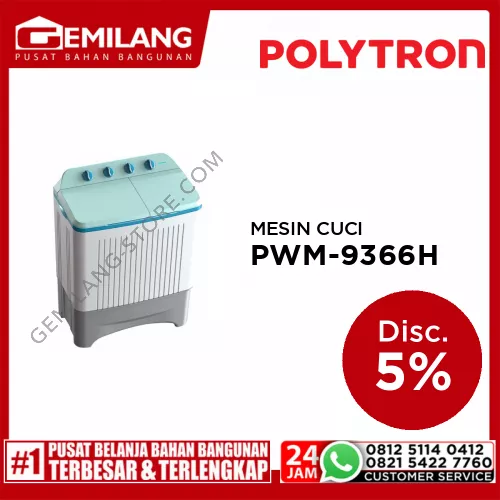 POLYTRON MESIN CUCI 2 TABUNG PWM-9366H KAPASITAS 9kg WASH 230w SPIN 120w (830 x 510 x 990)