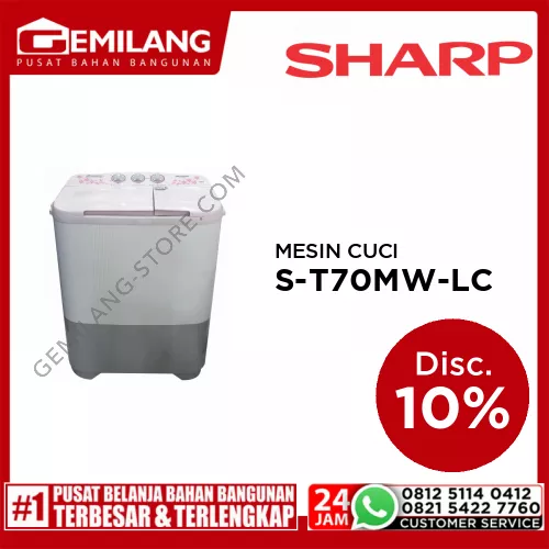 SHARP MESIN CUCI 2 TABUNG ES-T70MW-LC KAPASITAS 6.5kg WASH 320w SPIN 99w (783 x 437 x 934)