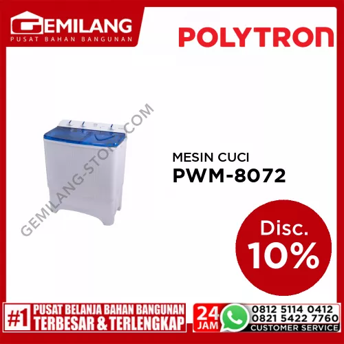 POLYTRON MESIN CUCI 2 TABUNG PWM-8072 B KAPASITAS 8kg WASH 250w SPIN 130w (759 x 452 x 936)