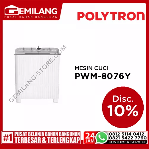 POLYTRON MESIN CUCI 2 TABUNG PWM-8076Y KAPASITAS 8kg WASH 220w SPIN 130w (758 x 445 x 941)