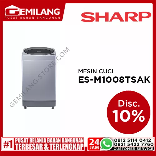 SHARP MESIN CUCI 1 TABUNG ES-M1008T-SAK KAPASITAS 10kg WASH 510w SPIN 315w (580 x 625 x 1080)