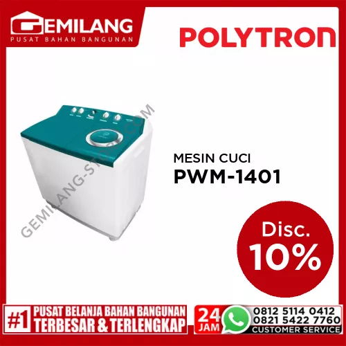 POLYTRON MESIN CUCI 2 TABUNG PWM-1401/1402 KAPASITAS 14kg WASH 480w SPIN 220w (945 x 540 x 996)