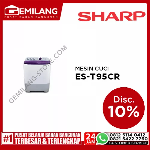 SHARP MESIN CUCI 2 TABUNG ES-T95CR KAPASITAS 9kg WASH 255w SPIN 105w (863 x 536 x 1052)