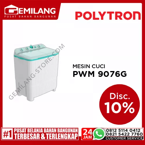 POLYTRON MESIN CUCI 2 TABUNG PWM 9076 G KAPASITAS 9kg WASH 250w SPIN 130w (545 x 441 x 947)