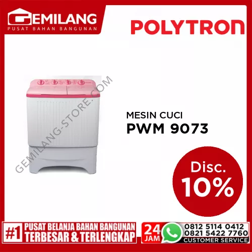 POLYTRON MESIN CUCI 2 TABUNG PWM 9073 P KAPASITAS 9kg 230w (60 x 55 x 78)